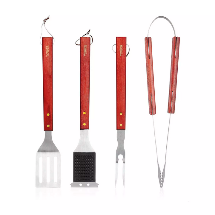 Tower 4 Piece Maple Wood BBQ Tools Set