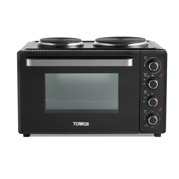 32 Litre Mini Oven with Hot Plates - Black with Silver Accents