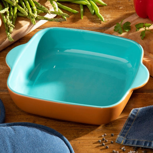 Large Terracotta & Teal Square Stoneware Baking Dish